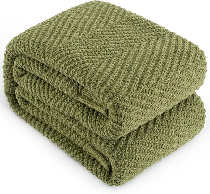 Knitted Throw Blanket 60"X80", Olive Green Knit Throws for Bed, Super Soft Boho Chevron Blankets for Couch Sofa Chair Room Decor, Textured Decorative Farmhouse Cozy Lightweight