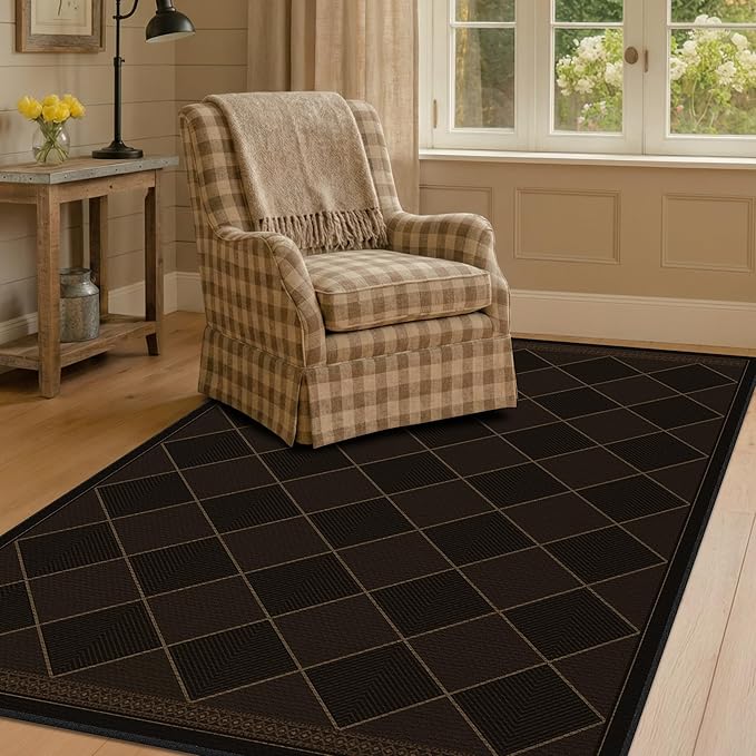 Dark Brown Diamond Checkered Easy Jute Rug 4x6, Non Slip Stain Resistant Checkerboard Area Rug, Low Pile Indoor Outdoor Carpet for Entryway, Living Room, Porch & Office, Mid-Century Modern Style Decor