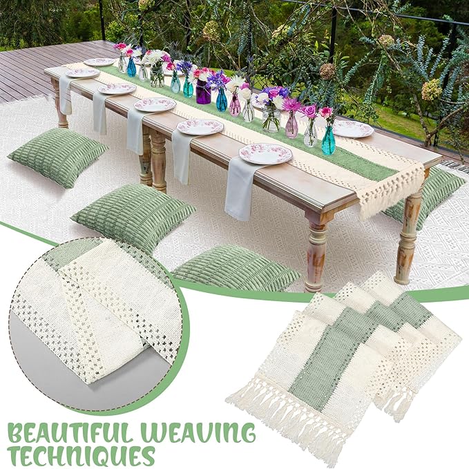Extra Large Outdoor Boho Picnic Blanket 91'' x 71'' Green Table Runner 6 Throw Pillow Cover Woven Cotton Yarn Oversize Beach Blanket Washable for Picnic Camp Wedding