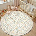 Round Area Rug for Living Room: 6 ft Floral Washable Circle Rug Soft Non-Slip Carpet Indoor Stain Resistant Low Pile Small Circular Rug for Bedroom Entryway Kitchen Nursery Home Office Beige/Multi