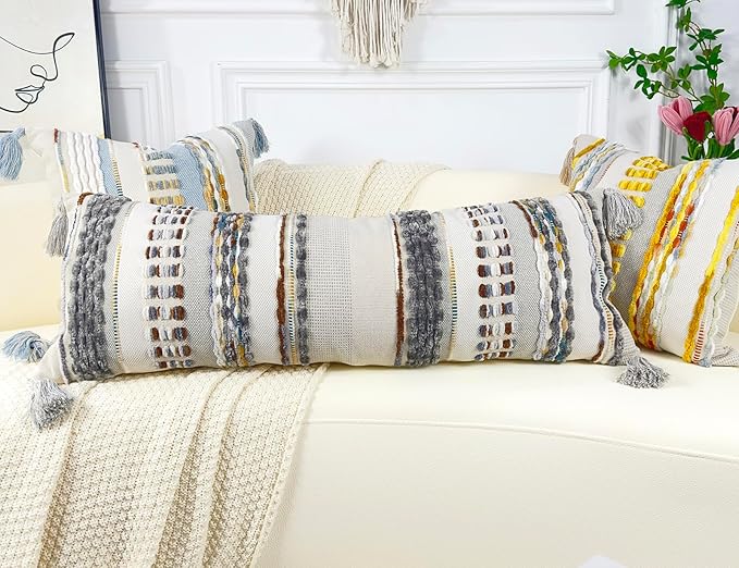 Chenille and Cotton Long Pillow for Bed, Striped Textured Boho Lumbar Throw Pillow Cover 14x36, Neutral Accent Decorative Extra Long Body Pillow Case for Couch, Sofa, Bedroom, Brown-Grey