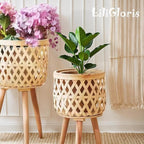Boho Rattan Plant Stand Set of 2 – Handwoven Tall Elevated Wicker Plant Baskets for Indoor Plants, Mid-Century Modern Wooden Planter Holder with Tripod Legs, Farmhouse Home Decor