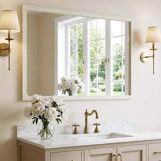 24" x 36" Cream White Wall Mirror for Decor, Modern Minimalist Bedroom Mirror, Soft Textured Waterproof Vanity Mirror for Powder Room & Nursery, Standard Trim