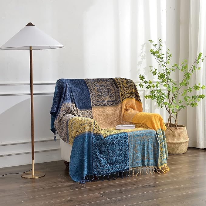 Bohemian Throw Blanket for Couch，Colorful Chenille Tassels Boho Woven Hippie Bed Blankets for Couch Sofa Chair Recliner Loveseat, Bohemian Fringe Tassels Decor Home (60" x 76")