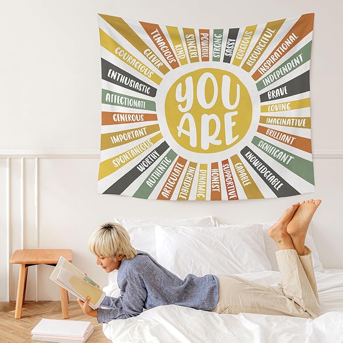 WARDOS Boho Colorful Sunshine Tapestry, You Are Inspirational Tapestry Wall Hanging, Colorful Boho Sun Positive Affirmation Wall Blanket Decor for Kids Room Nursery Playroom Classroom, 50x60 Inch