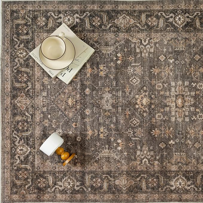 8x10 Washable Area Rug for Living Room Bedroom Vintage Brown Non Slip Carpet Traditional Retro Soft Low Pile Large Throw Rug for Dining Room Kitchen Office Indoor
