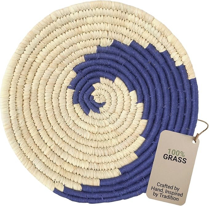 Wicker Village | Handmade Woven Wall Basket Décor | Boho Wall Art | Hanging Accent Rustic Natural Sabai Grass | Blue and Beige | 12" L x 12" W x 2" H