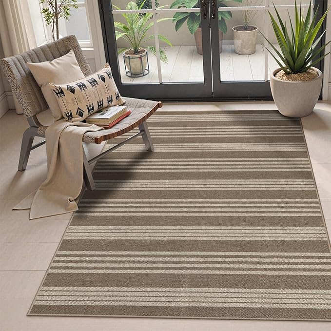 Lahome Elance Striped Easy Jute Porch Rug, 3x5 Washable Rugs for Entryway Living Room, Farmhouse Nature Non Slip Non Shedding Indoor Outdoor Carpet for Entry Classroom Patio, Khaki