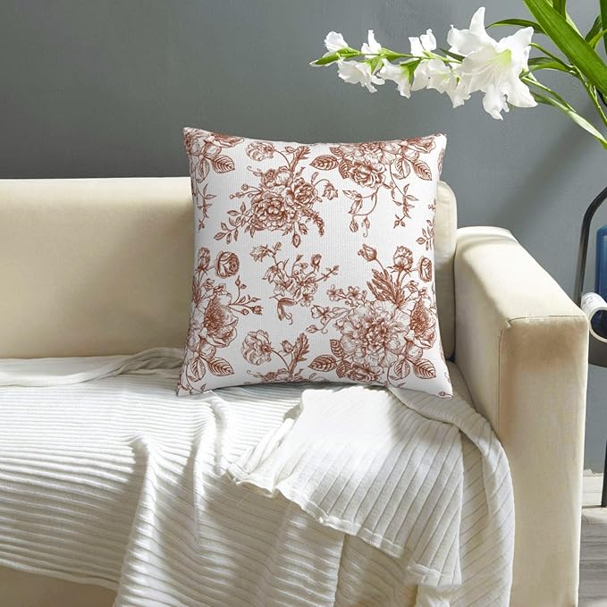 Chinoiserie Brown and White Pillow Covers 18x18 Set of 2, Vintage Rustic Flower Floral Throw Pillow Covers Outdoor Decorative Pillow Case for Couch Bed Sofa Cushion Home Decor