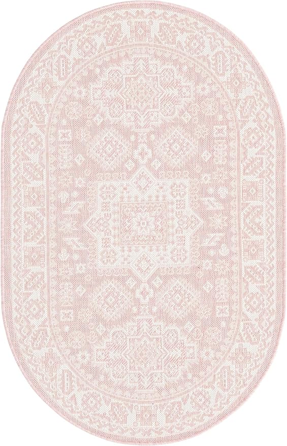 Rugs.com Outdoor Aztec Collection Rug – 3' x 5' Oval Pink Flatweave Rug Perfect for Living Rooms, Large Dining Rooms, Open Floorplans