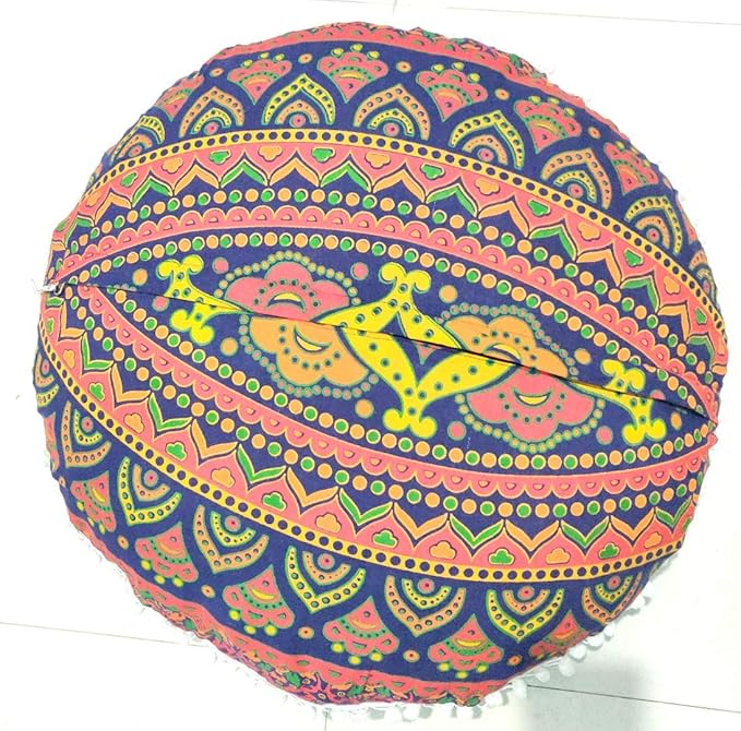 ICC New Blue Ombre 24" Mandala Barmeri Large Floor Pillow Cover Cushion Meditation Seating Ottoman Throw Cover Hippie Decorative Zipped Bohemian Pouf Ottoman Pom Pom Cases 24" Round