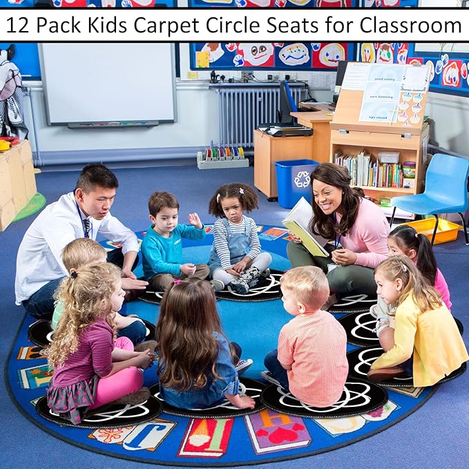 Tinideya 12 Pcs Kids Carpet Circle Seats for Class 16 Inch Round Classroom Rug Floor Cushions Soft First Day of School Educational Mat Non Slip Back to School Learning Playing Areas(Abstract)