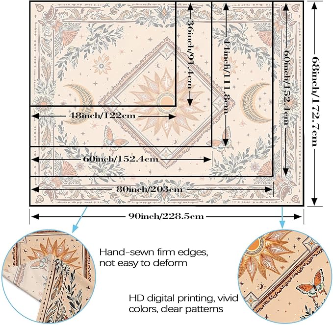 Accnicc Boho Sun and Moon Tapestry Hippie Mandala Floral Wall Tapestry for Bedroom Aesthetic Vintage Butterfly Plant Beige Small Tapestries Wall Hanging for Dorm Living Room Decor 60 x 44 Inch