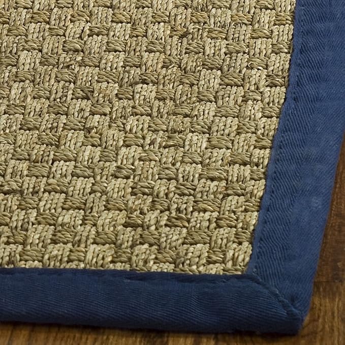 SAFAVIEH Area Rug 6' Round - Natural Fiber Collection - Natural & Blue, Seagrass, Basketweave Pattern with Border (NF114E)