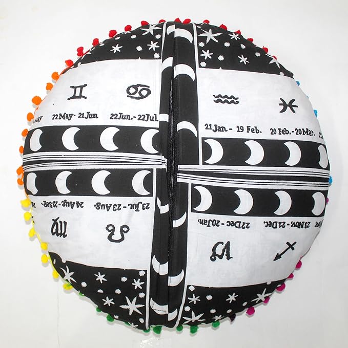 CRAFT KALA Large Round Bohemian Floor Pillow Pouf Cover Mandala Meditation Room Pillow Cover for Adults Boho Seating Poufs Cushion Cover for Kids Playroom 32" Round Black Zodiac