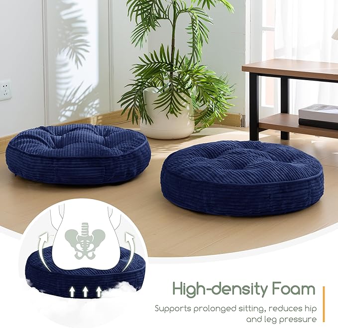 HIGOGOGO Floor Pillow Cushion for Adults, Meditation Cushion Pillow, Large Round Floor Sitting, Tufted Corduroy Cover, for Tatami Living Room or Yoga, 22x22 Inch, 2Pack, Navy