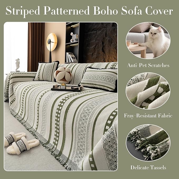 Striped Couch Cover Blankets, Boho Couch Covers, Sofa Blanket Cover for Dogs, Medium Couch Covers for Recliner and Chair, Chenille Sofa Covers Washable Sectional(1pc/Green/71 x 71")