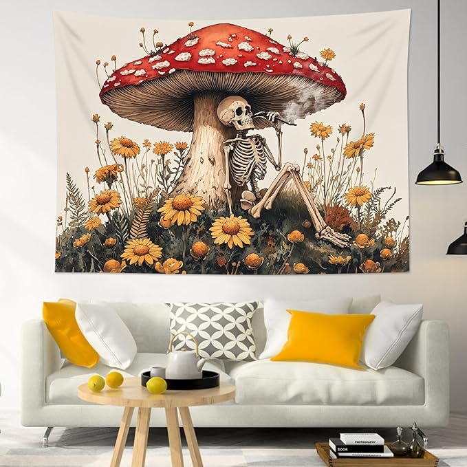 LB Gothic Skeleton Tapestry for Bedroom Vintage Mushroom Orange Flower Wall Tapestry Aesthetic Wall Decor Tapestries for Living Room College Dorm,92Wx70.5H inches