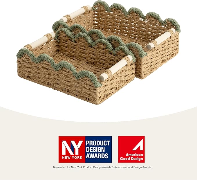 StorageWorks Toilet Paper Storage Basket, Living Room Organizers and Storage, Toilet Paper Basket with Wooden Handles, Small Paper Rope Scalloped Basket, Green