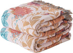 Boho Throw Blanket Throw Size, Soft Cozy Cotton Muslin Quilt Blanket for Bed Decor, Floral Patterned Couch Sofa Chair Cover, Vintage Farmhouse Cottage Tapestry Woven Blanket, Coral&Green