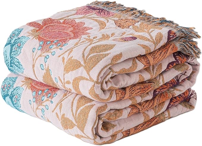 Boho Throw Blanket Queen Size, Soft Cozy Cotton Muslin Quilt Blanket for Bed Decor, Floral Patterned Couch Sofa Chair Cover, Vintage Farmhouse Cottage Tapestry Woven Blanket, Coral&Green
