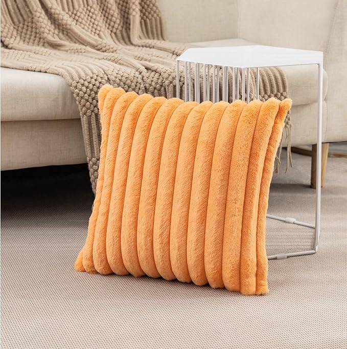ZLINA Set of 2 Orange Faux Fur Decorative Throw Pillow Covers Fluffy Striped Pillowcase Cushion Covers 20 x 20 Inch Decor Sofa Couch Bedroom