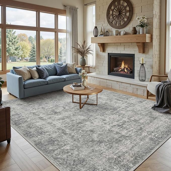 8x10 Area Rugs for Living Room, Large Washable Rug, Grey Vintage Abstract Boho Rug, Non Slip & Low Pile Faux Wool Carpet for Indoor Dining Room, Farmhouse and Bedroom(Grey 8x10ft)