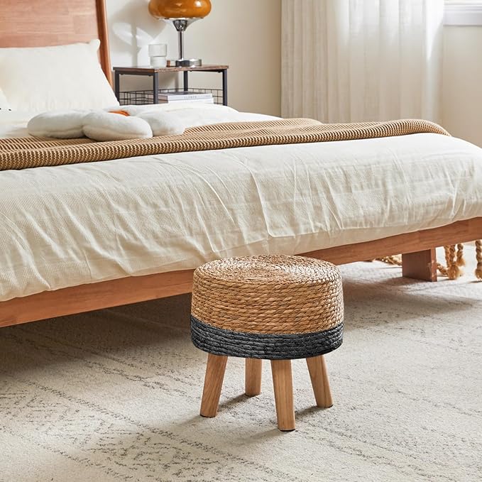YMYNY Foot Stool Natural Seagrass Hand Weave, 12.6" Small Ottoman, Round Footrest for Living Room, Bedroom, Entryway, Change Shoes Stool, Non-Skid Wood Legs, Boho, Natural+Black UHBD027B