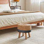 YMYNY Foot Stool Natural Seagrass Hand Weave, 12.6" Small Ottoman, Round Footrest for Living Room, Bedroom, Entryway, Change Shoes Stool, Non-Skid Wood Legs, Boho, Natural+Black UHBD027B