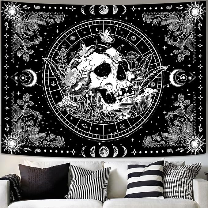 Aipon Black and White Skeleton Tapestry Bedroom Skull Mushroom Tapestries Hippie Nature Plants Floral Flower Aesthetic Tapestry Wall Hanging for Living Room Dorm (Black, 48'' × 36'')