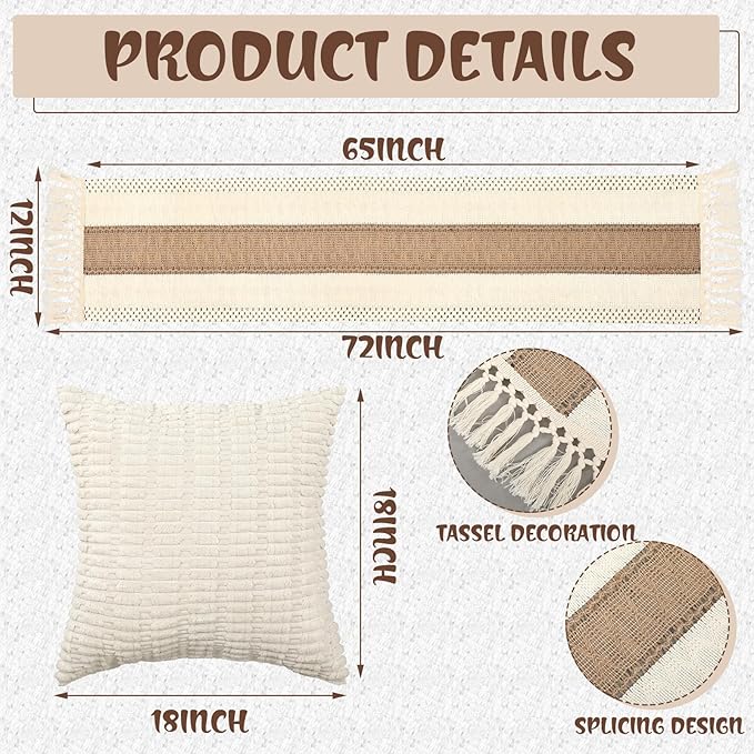 Extra Large Outdoor Boho Picnic Blanket 181'' x 71'' Beige White Table Runner 6 Throw Pillow Cover Woven Cotton Yarn Oversize Beach Blanket Washable for Picnic Camp Wedding
