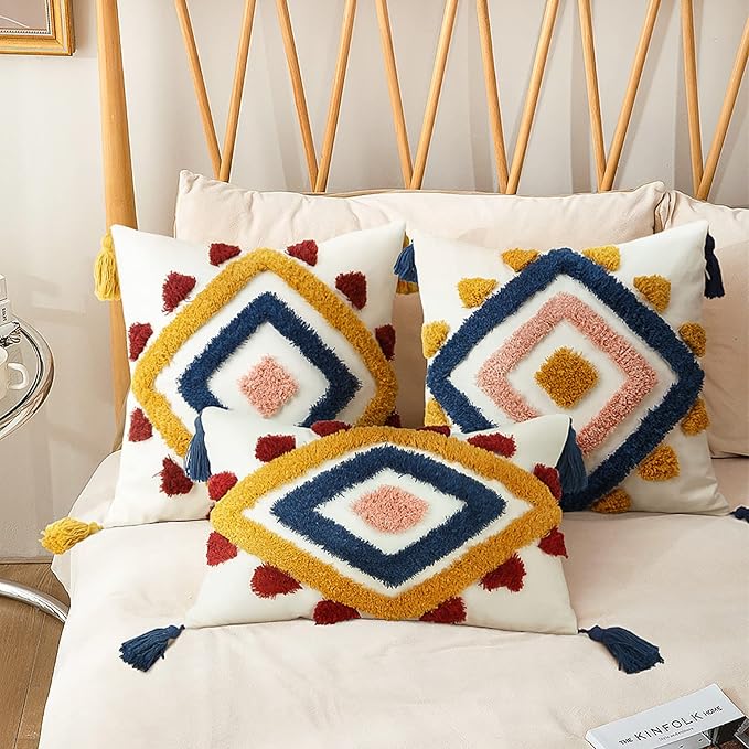 Merrycolor Boho Throw Pillow Covers 20 x 20 Modern Geometric Diamond Boho Pillows Decorative Throw Pillow Cases Yellow Blue Pink Soft Woven Tufted Pillow Cushion for Couch Sofa Bedroom Living Room