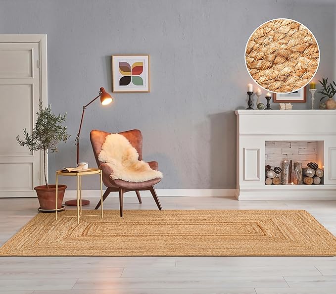 Hand Woven Jute Area Rug - 3' x 5' Feet - Rustic Beige Reversible Rectangular Rugs for Bedroom, Kitchen, Living Room - Vintage Natural Braided Entry Floor Décor Boho 3x5 Jute Rug