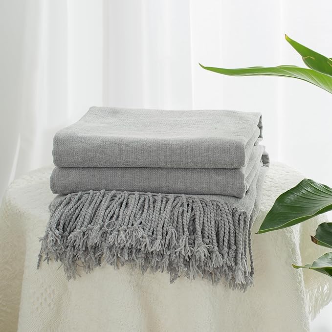 Chenille Throw Blanket for Couch with Tassels,55"X75" Soft Lightweight Knitted Boho Decorative Blankets for Bed and Sofa,Light Grey