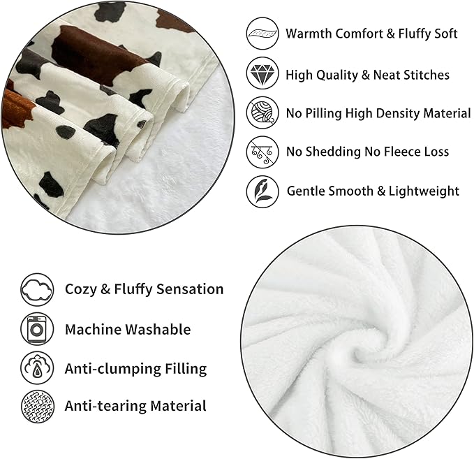 WIBUE Cow Throw Blanket 80"x60" with 2 Pcs Pillow Covers 18"x18", Decorative Fleece Blanket 3 Piece Set, Fuzzy Soft Cozy Warm Lightweight Blanket for Bed Sofa Couch Chair