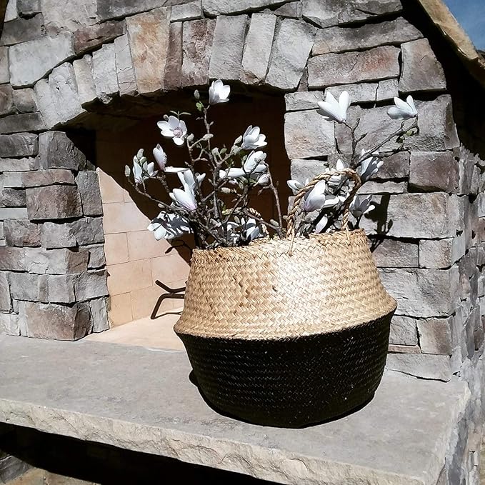 LiloCraft Seagrass Plant Basket (Size: 12x11inches, Pattem:Black Bottom) Home Decor Storage Solution with Eco-Friendly, Woven Basket Planter Indoor with Handles, Round Boho Plant Pot