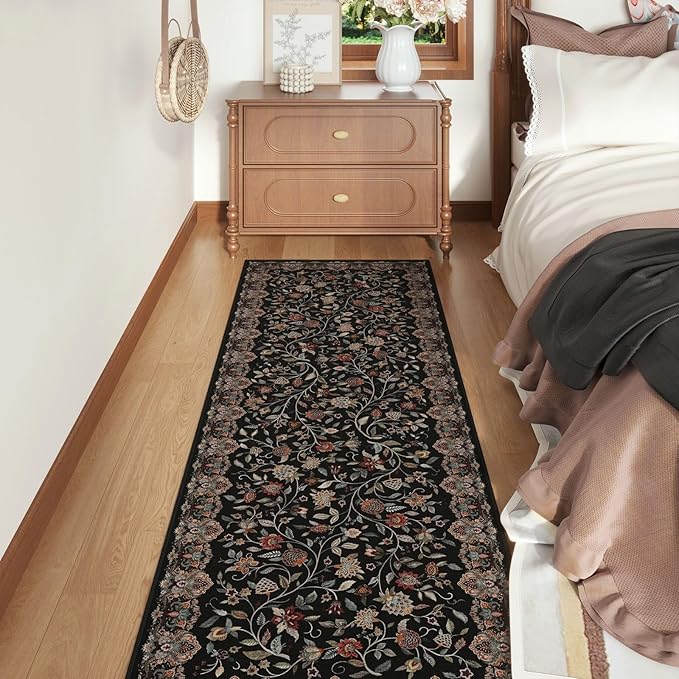 Rugcomf Vintage Paisley Runner Rug 2'7"x8' - Machine Washable, Non-Slip Low Pile Floral Carpet for Kitchen, Laundry, Bedroom, Bathroom - Black