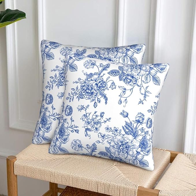 Chinoiserie Blue and White Flowers Pillow Covers 20x20 Set of 2, Vintage Blue Floral Throw Pillow Covers Outdoor Decorative Pillow Case for Couch Bed Sofa Cushion Home Decor