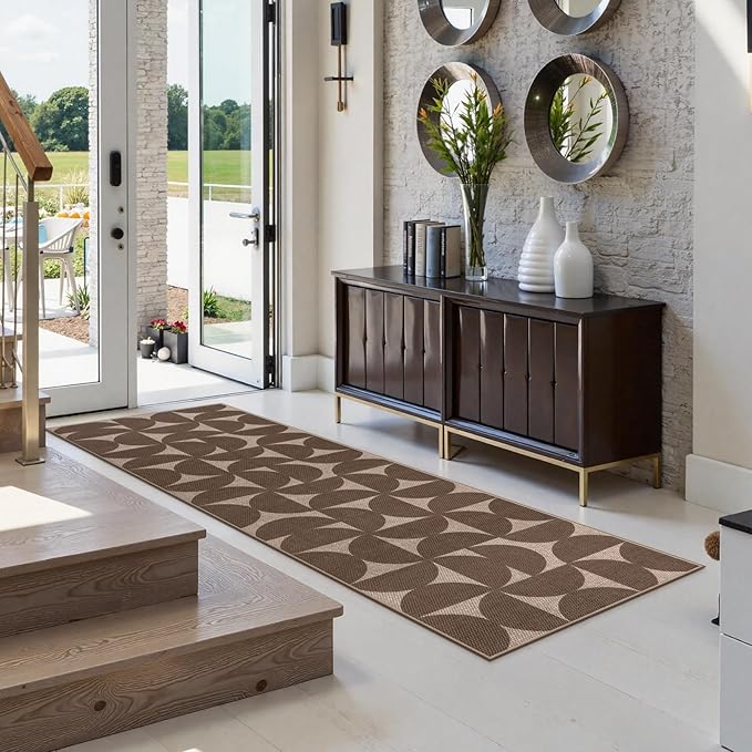 Lahome Modern Geometric Easy Jute Washable Runner Rug 2.5x8, Non Slip Carpet Runners for Hallway 8ft, Brown Neutral Semi-Circle Rug for Outdoor Deck Porch