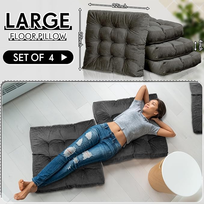 Jerify Floor Pillow Cushions Large Round Square Large Meditation Floor Pillow for Classroom Adult Meditation Picnic Party Seating Learning Daycare School(Square,Dark Grey,4 Pcs)