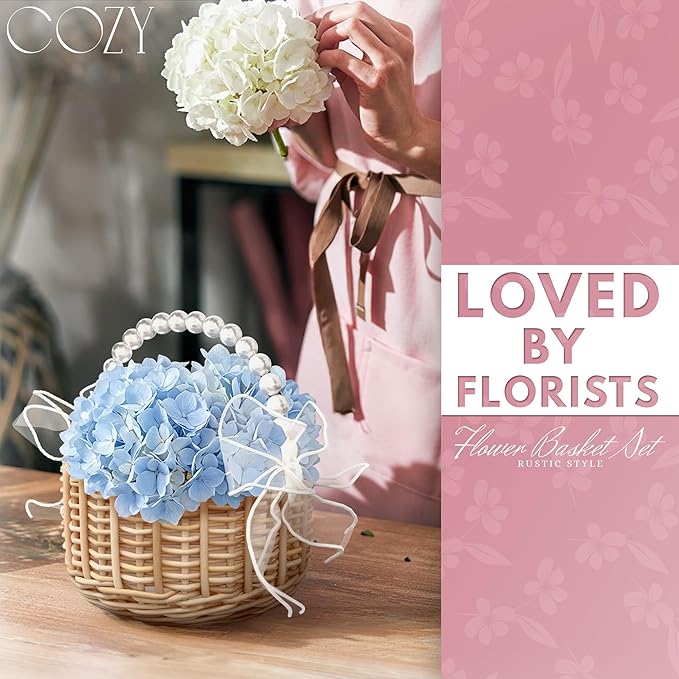 Small Flower Girl Baskets Set of 2 - Easter Basket Small Wicker Basket with Handle of Pearl, Bows & Waterproof Lining for Wedding Flowers, Sweets, Gifts and Home Decor - Lightweight & Multifunctional