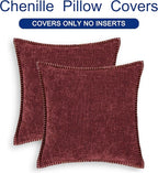 CaliTime Christmas Throw Pillow Covers Decorative 20 X 20 Inches Pack of 2 Cotton Thread Stitching Edges Solid Dyed Soft Chenille Cushion Cases for Couch Sofa Bed Living Room Farmhouse Burgundy