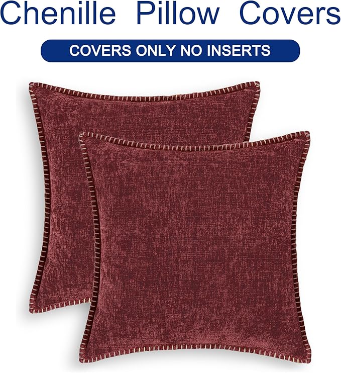 CaliTime Christmas Throw Pillow Covers Decorative 22 X 22 Inches Pack of 2 Cotton Thread Stitching Edges Solid Dyed Soft Chenille Cushion Cases for Couch Sofa Bed Living Room Farmhouse Burgundy