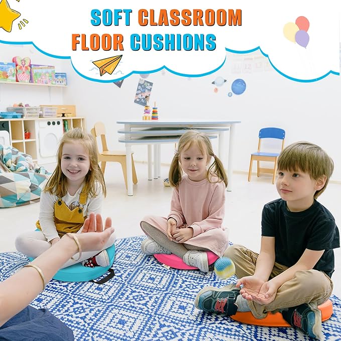 8 PCS 16 Inch Round Floor Pillows with Handles | Waterproof Synthetic Leather Flexible Seating Cushions | 16''x16''x2'' Thick Floor Cushions for Classroom, Home, Yoga & Meditation