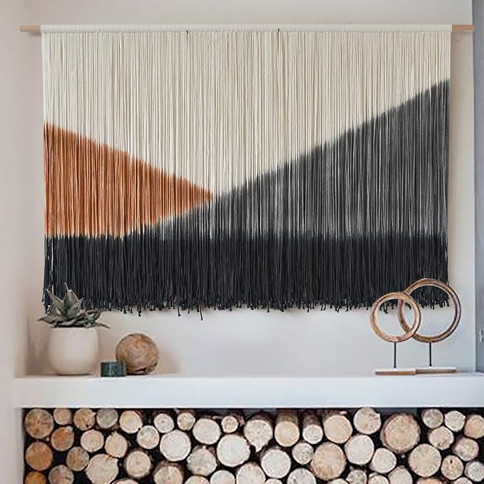 Macrame Wall Hanging Black Large Boho Wall Art Dip Dye for Living Room Bedroom Backdrop Home Decor Bohemian Fiber Yarn Art 57"Wx 35"L