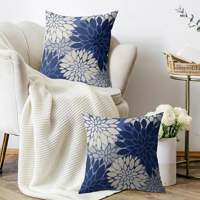 Blue Cream Grey Gray Pillow Covers 20X20 Inch Set of 2, Modern Dahlia Floral Print Decorative Throw Pillow Covers Outdoor Farmhouse Cushion Case for Home Couch Sofa Bed Decoration