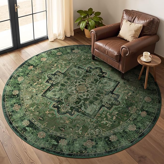 Round Rugs 6ft Dark Green, Low Pile Thin Circle Area Rugs Washable Non Slip, Vintage Medallion Printed Circle Carpet for Bedroom Living Room Kitchen Dining Room