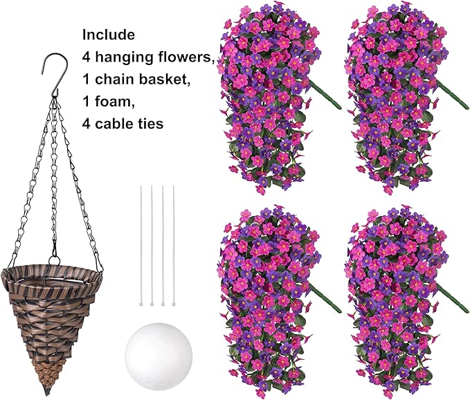 Artificial Fake Hanging Flowers with Basket for Outdoor Decoration,UV Resistant Faux Silk Daisy Flowers Dark Purple and Fuchsia Orchid Vines in Planter Realistic Hanging Baskets for Home Porch Garden