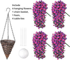 Artificial Flowers Baskets for Outdoor Decoration, Fake Hanging Plants Silk Dark Purple Fuchsia Daisy Mums Trailing Vines in Planter Realistic UV Resistant for Balcony Porch Decor