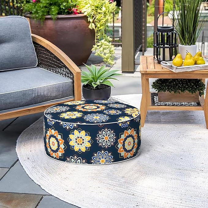 Indoor/Outdoor Inflatable Ottoman with Handle, Decorative Fade-Resistant Round Footstool D21 x H9 inch, Portable Ottoman Pouf for Patio Garden Camping, Bloom Medallion Cobalt